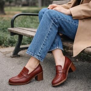 Marc Fisher Women's SZ 7.5 Vegan Leather Kchris Heeled Loafers In Brown NEW